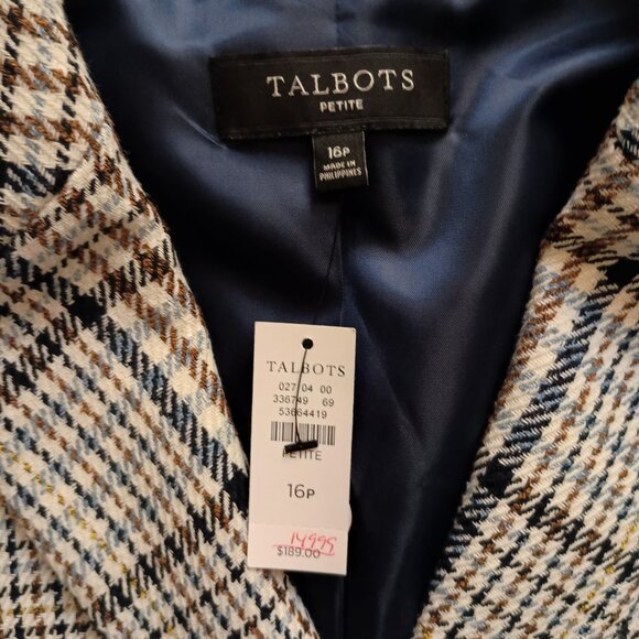 Talbots Plaid Double Breasted Blazer Women’s Navy Brown Cream Size 16P NWT - Picture 4 of 15